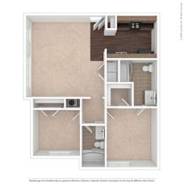 A diagram of a small apartment with a kitchen, bathroom, and living room.