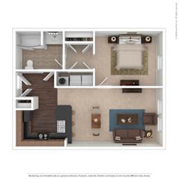 A floor plan of a house with a kitchen, living room, and bathroom.