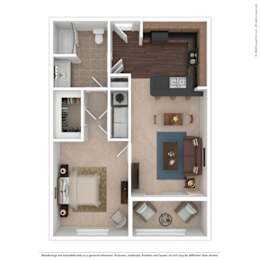 A floor plan of a small apartment with a kitchen, living room, and bathroom.