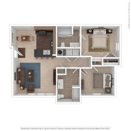 A floor plan of a house with two bedrooms, a living room, a kitchen, and a bathroom.