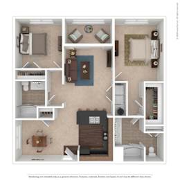 A 3D floor plan of a house showing a kitchen, living room, and bedrooms.