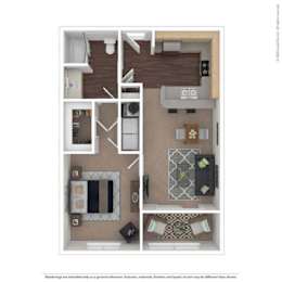 A floor plan of a house with a kitchen, living room, dining room, and bathroom.