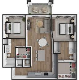 A floor plan of a house with a kitchen, living room, dining room, and bathroom.