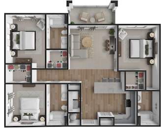 A top-down view of a modern apartment layout with a kitchen, living room, and bathroom.