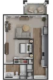A top-down view of a small apartment layout with a kitchen, living room, and bedroom.