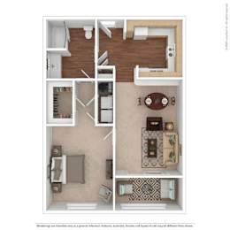 A floor plan of a house with a kitchen, living room, dining room, and bathroom.