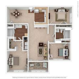 A floor plan of a house with a living room, dining room, kitchen, and two bedrooms.