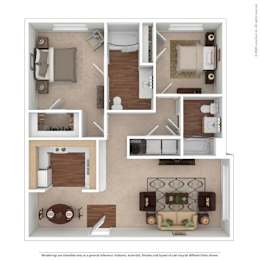 A floor plan of a house with a kitchen, living room, dining room, and two bedrooms.