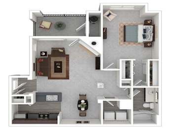 A 3D floor plan of a small apartment with a kitchen, living room, and bedroom.