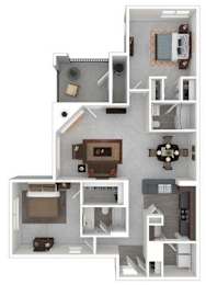 A floor plan of a house with a kitchen, living room, and two bedrooms.