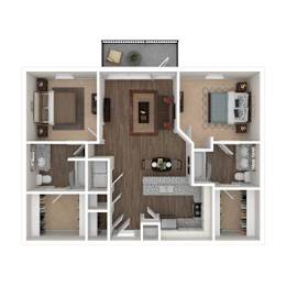 A floor plan of a house with a kitchen, living room, and two bedrooms.