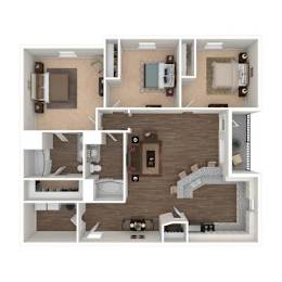 A 3D floor plan of a house showing the layout of the rooms.