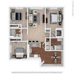 A floor plan of a small apartment with a kitchen, living room, and two bedrooms.