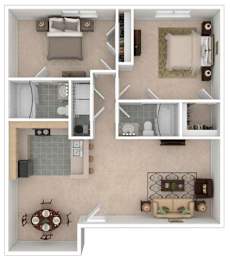 A floor plan of a house with a living room, kitchen, and bathrooms.