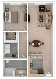 A floor plan of a small apartment with a living room, kitchen, and bathroom.