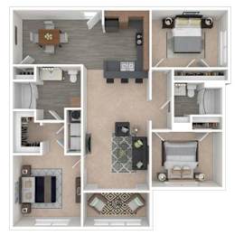 A detailed 3D floor plan of a small apartment.