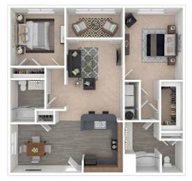 A 3D floor plan of a house showing a kitchen, living room, and two bedrooms.