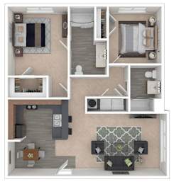 A floor plan of a small apartment with a kitchen, living room, and bathroom.