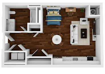 A top-down view of a small apartment with a bed, desk, and kitchenette.