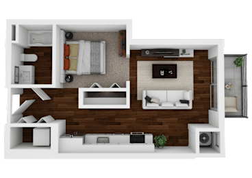 A 3D rendered image of a modern apartment layout.