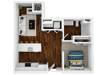 A 3D floor plan of a small apartment with a kitchen, living room, and bedroom.