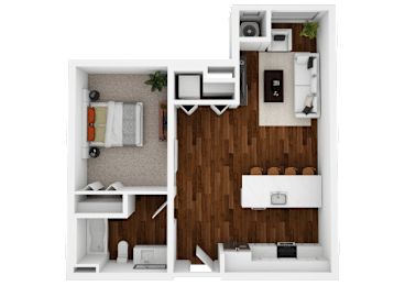 A top-down view of a small apartment with a kitchen, living room, and bathroom.