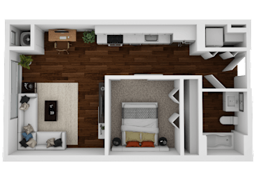 A 3D rendered image of a small apartment layout.