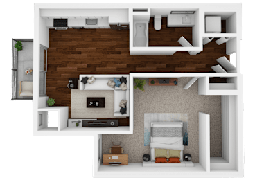 A 3D floor plan of a small apartment with a living room, kitchen, and bedroom.