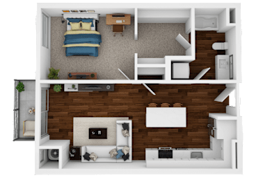 A top-down view of a small apartment with a bedroom and living room.