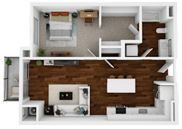A top-down view of a modern apartment layout with a living room, kitchen, and bedroom.