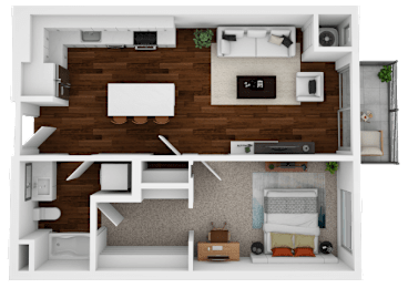 A 3D floor plan of a small apartment with a kitchen, living room, and bedroom.