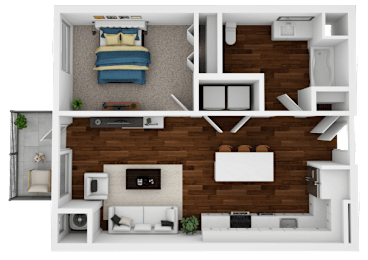 A 3D floor plan of a small apartment with a bedroom and living room.