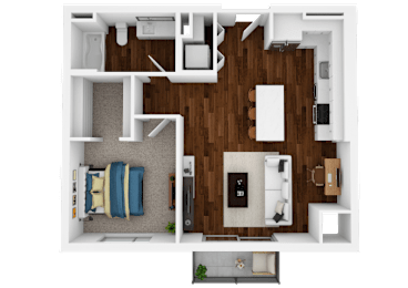 A top-down view of a small apartment with a bedroom, living room, and kitchen.