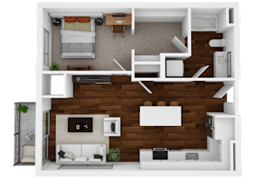 A top-down view of a small apartment with a bedroom, living room, and kitchen area.