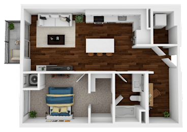 A 3D floor plan of a small apartment with a bedroom and living room.