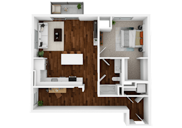 A top-down view of a small apartment with a kitchen, living room, and bedroom.