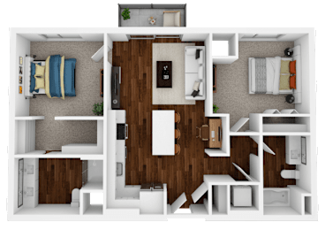 A top-down view of a small apartment layout with a kitchen, living room, and bedroom.