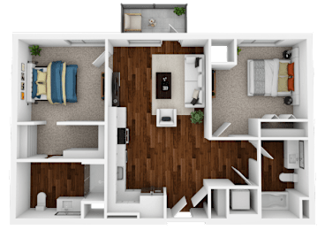 A 3D floor plan of a small apartment with a kitchen, living room, and bedroom.