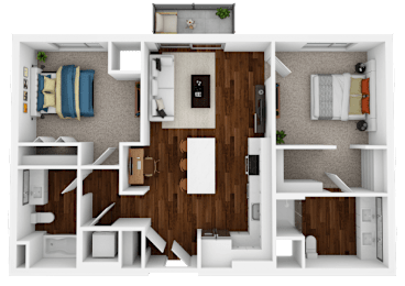 A top-down view of a small apartment with a kitchen, living room, and bedroom.
