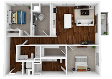A top-down view of a small, well-organized apartment with a bedroom, living room, and kitchen area.