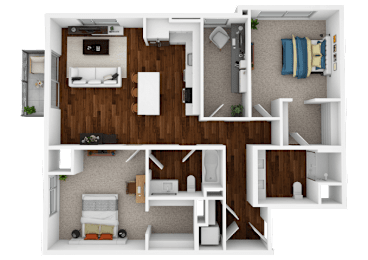 A top-down view of a small apartment with a kitchen, living room, and bedroom.
