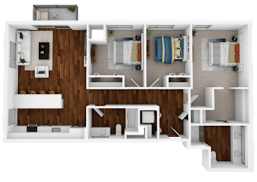 A 3D floor plan of a house showing a kitchen, living room, two bedrooms, and a bathroom.