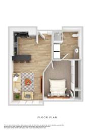 A floor plan of a small apartment with a living room, kitchen, and bathroom.