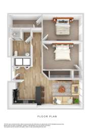 A floor plan of a small apartment with a kitchen, living room, and bedroom.