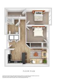 A floor plan of a small apartment with a kitchen, living room, and bedroom.