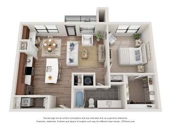 A 3D floor plan of a house with a kitchen, living room, and bathroom.