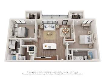 A 3D floor plan of a house with a kitchen, living room, and two bedrooms.