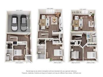 Three images of apartment layouts with dimensions.
