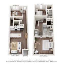 Two floor plans of a house, one with a kitchen and living room, the other with a bedroom and bathroom.
