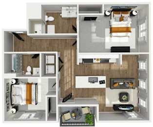 A 3D floor plan of a small apartment with a kitchen, living room, and bedroom.
